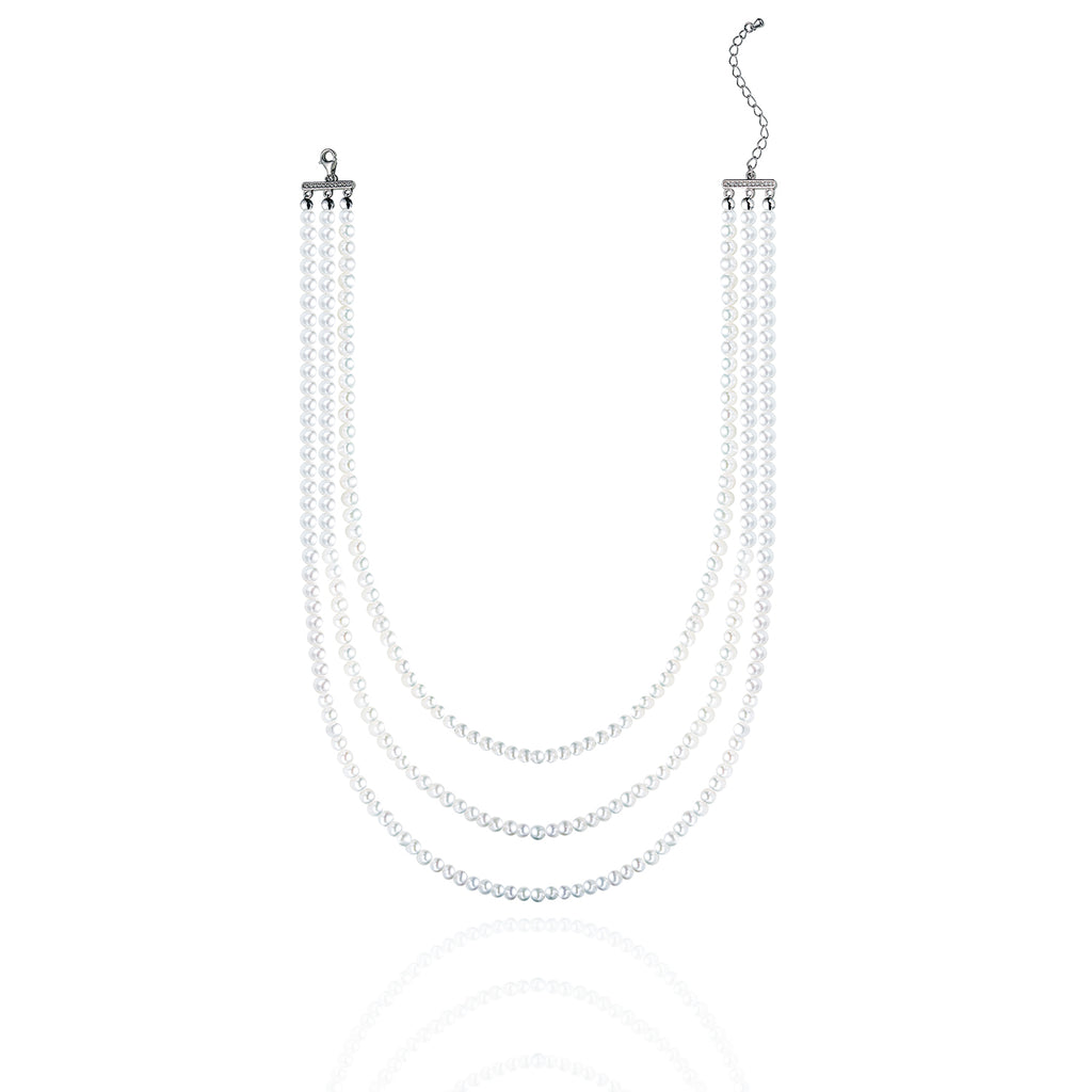 Regent Triple Strand Freshwater Pearl Necklace, Luminous Three Row Layered Choker, Classic Multi-Strand Pearl Collar
