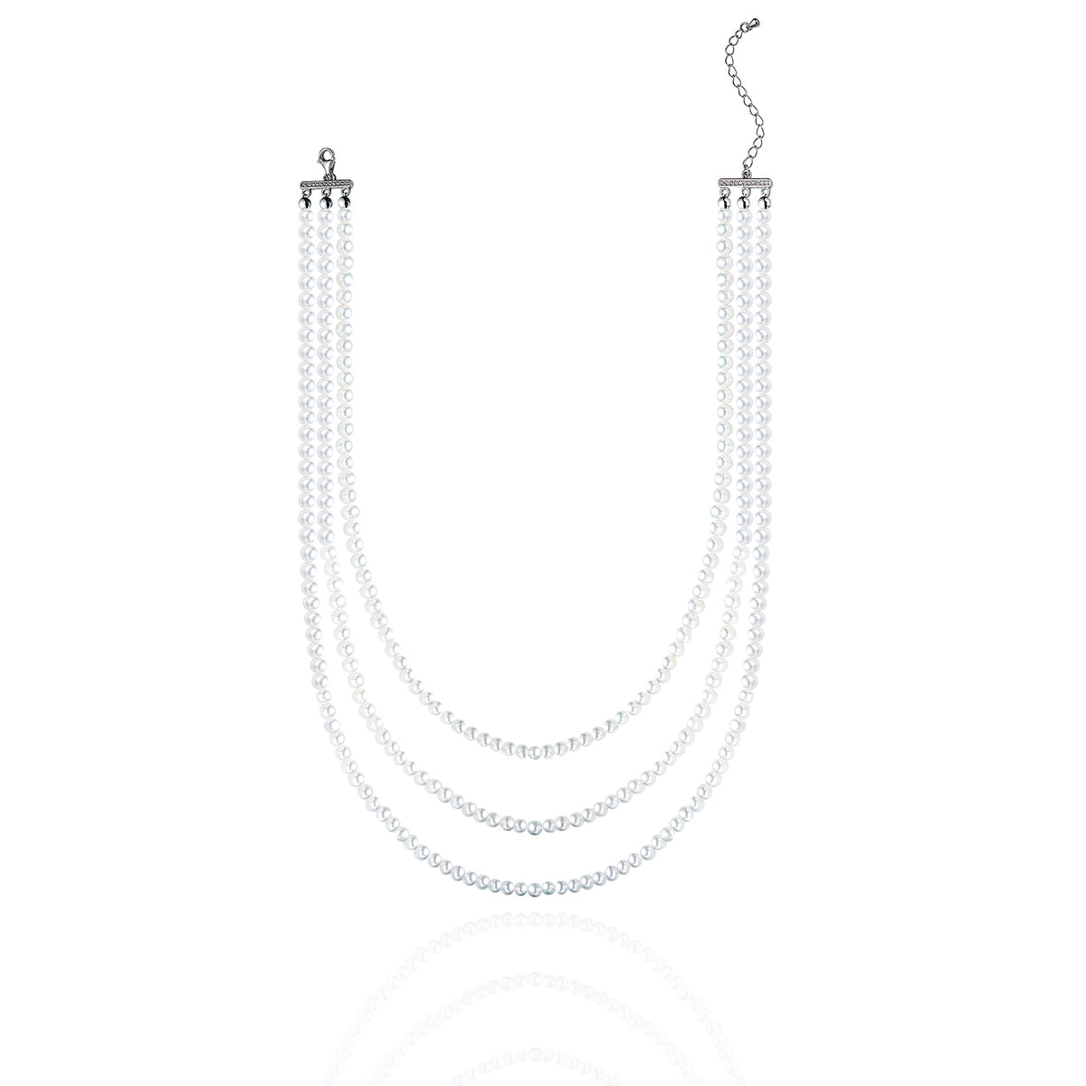 Regent Triple Strand Freshwater Pearl Necklace, Luminous Three Row Layered Choker, Classic Multi-Strand Pearl Collar