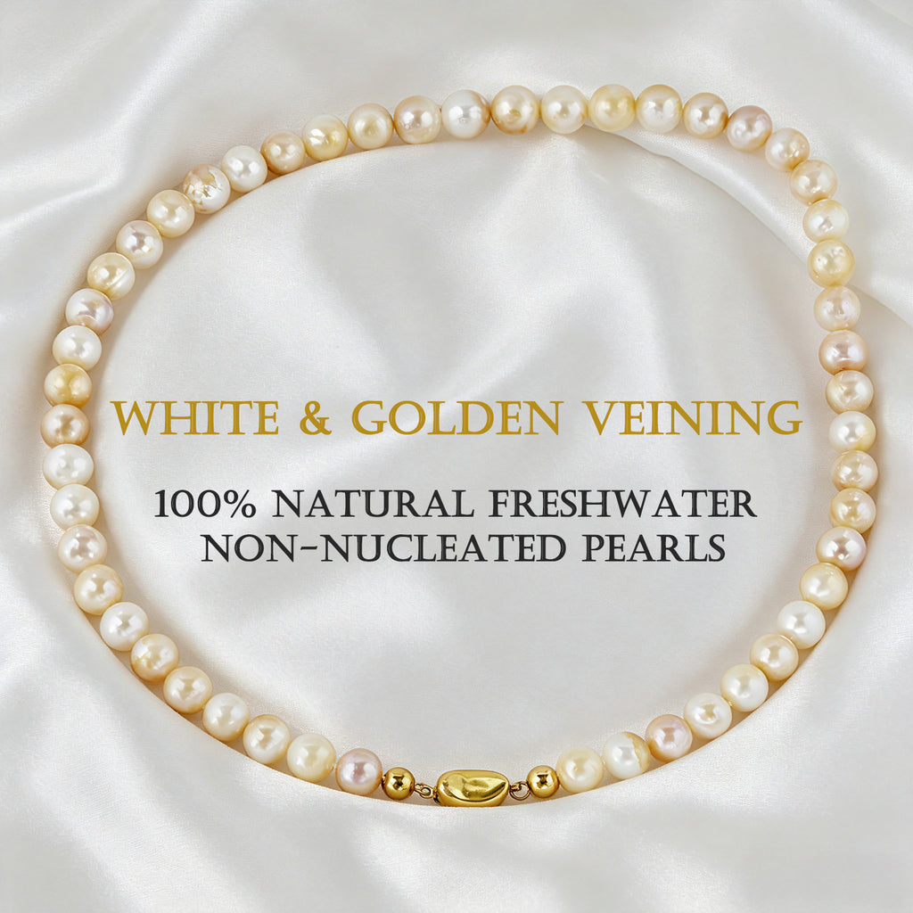Natural White Non-Nucleated Freshwater Pearl Necklace, Pearls with Natural Golden Flecks, Dainty Layered Jewelry for Women, Gift for Her