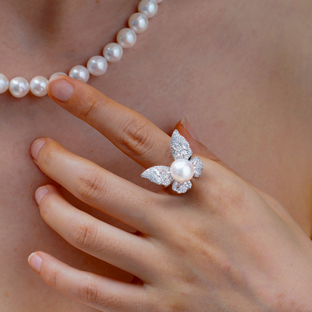 Hand-Inlaid 5A Zircon S925 Silver Ring | Natural Freshwater Pearl Butterfly Adjustable Open Design