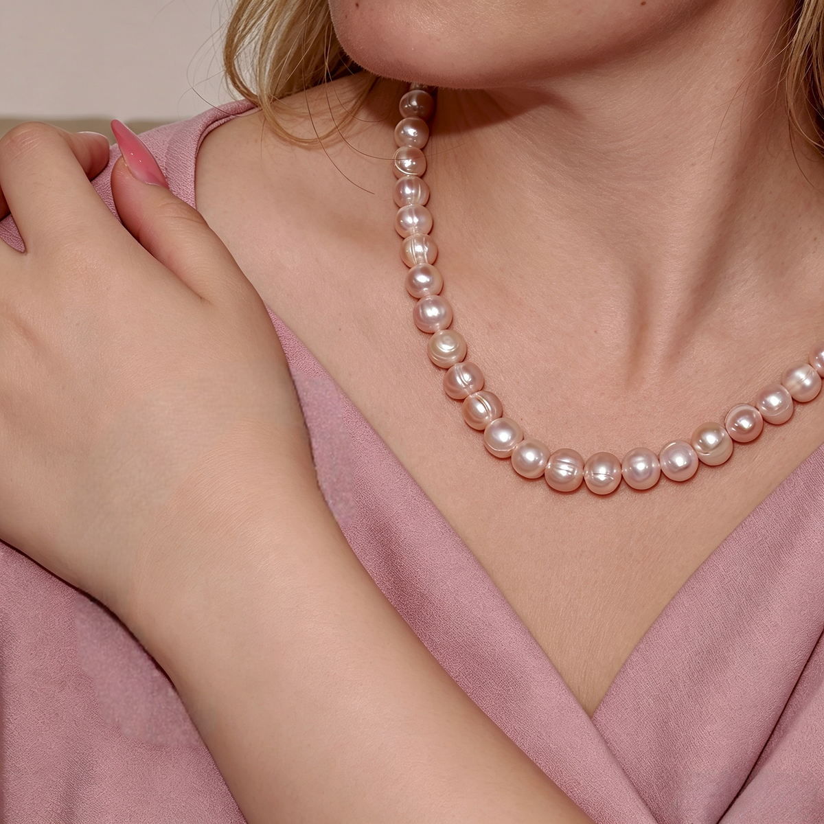Genuine Iridescent Pink Non-Nucleated Ribbed Baroque Pearl Jewelry Set, 7-8mm Near Round Dainty Pearls, 16, 18 & 20 Inch Necklace Chain, Elegant Gift for Women