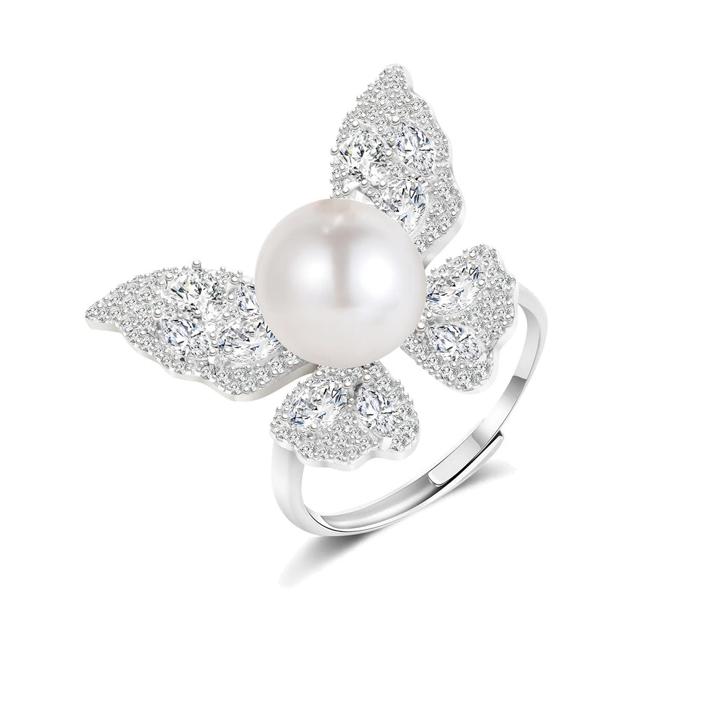 Hand-Inlaid 5A Zircon S925 Silver Ring | Natural Freshwater Pearl Butterfly Adjustable Open Design