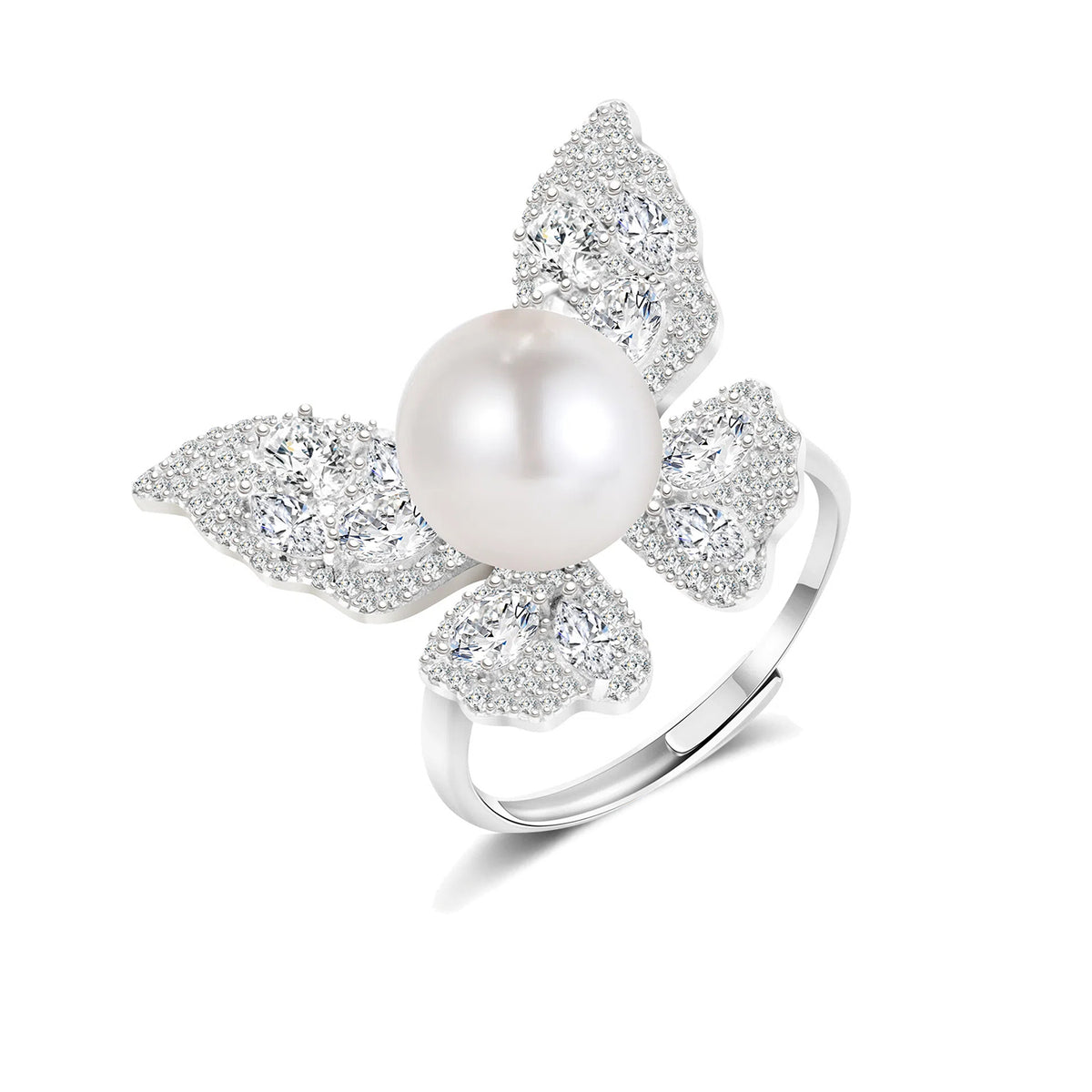 Hand-Inlaid 5A Zircon S925 Silver Ring | Natural Freshwater Pearl Butterfly Adjustable Open Design