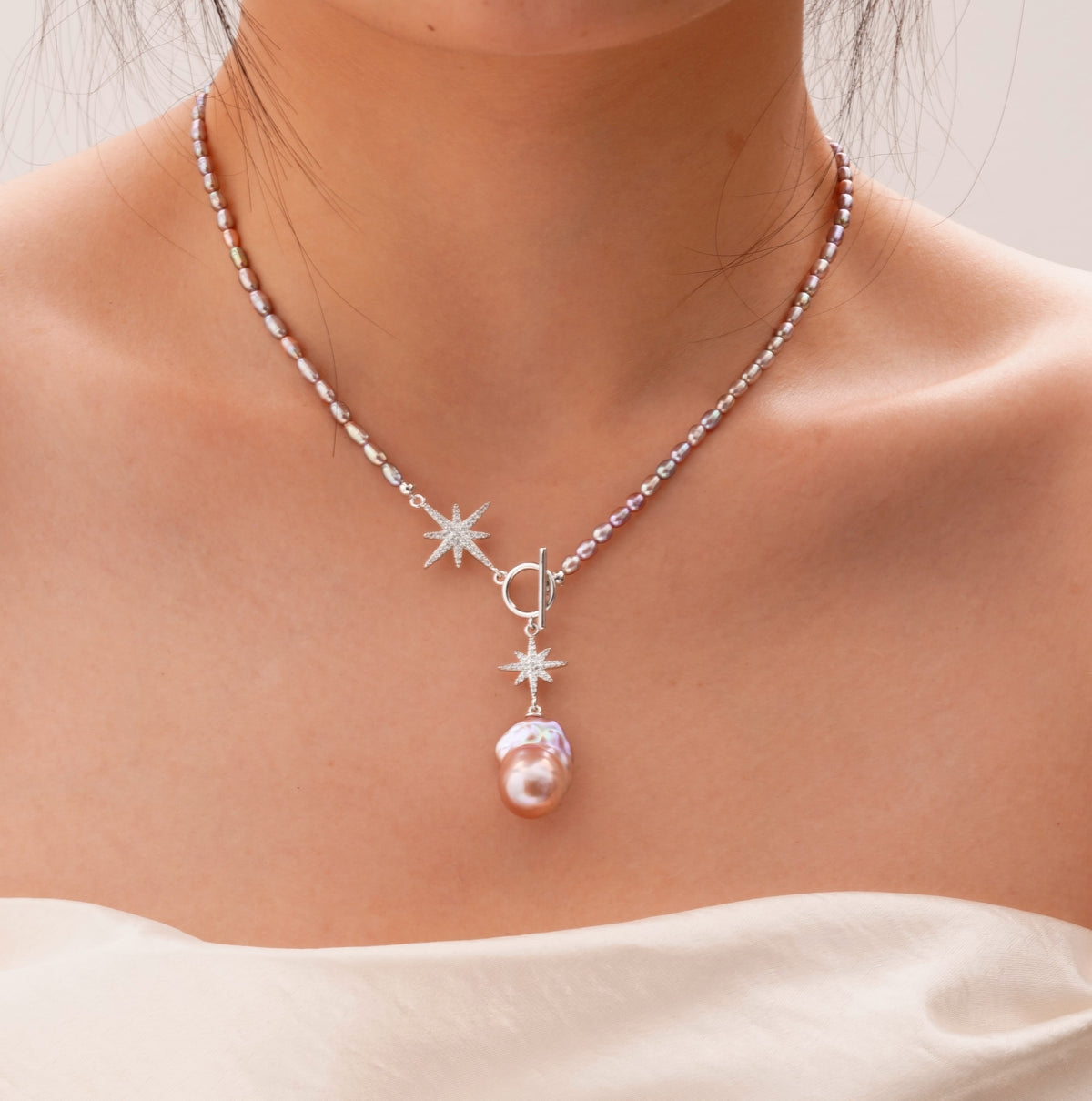 5A Pink-Purple Baroque Pearl Pendant S925 Silver Star