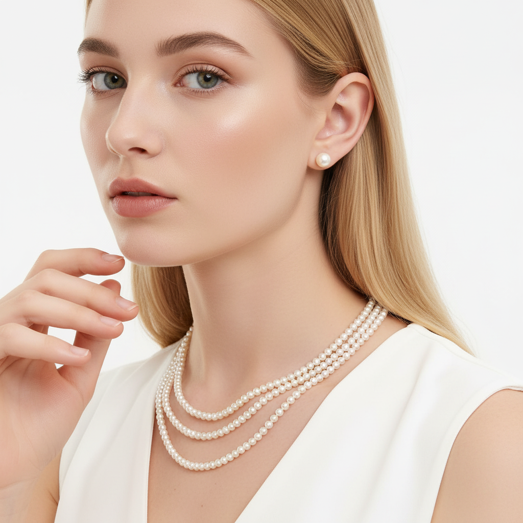 Regent Triple Strand Freshwater Pearl Necklace, Luminous Three Row Layered Choker, Classic Multi-Strand Pearl Collar