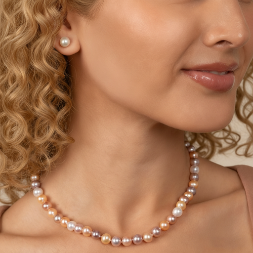 8‑10mm Natural Candy‑Colored Freshwater Pearl Necklace for Women, Near‑Round Pearls, S925 Silver Clasp | Holiday Gifts for Her