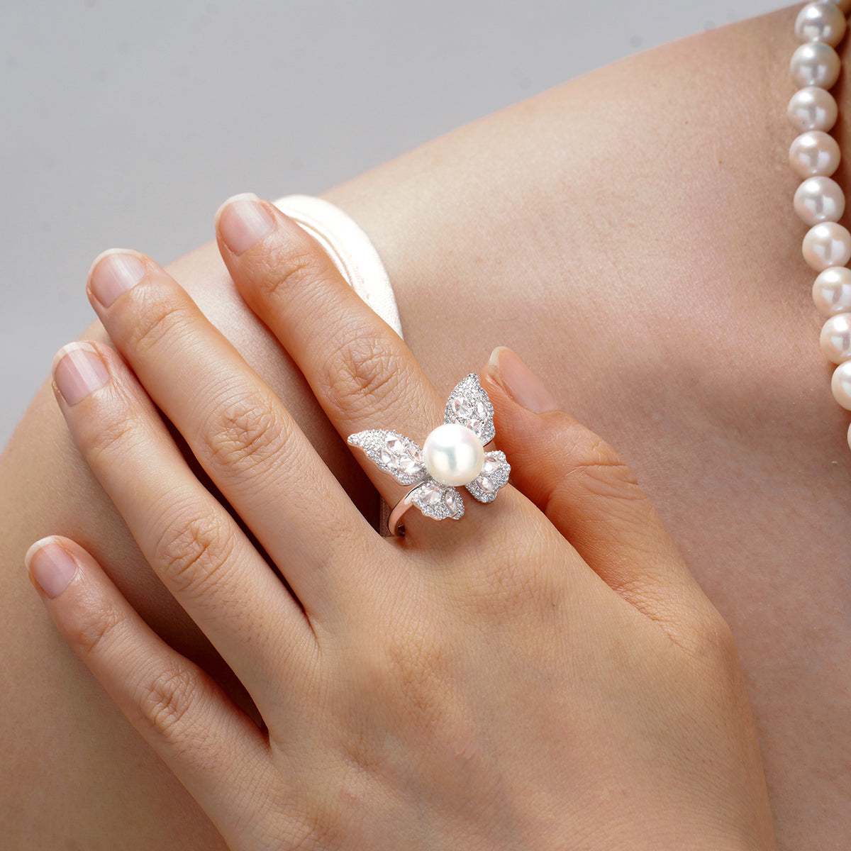 Hand-Inlaid 5A Zircon S925 Silver Ring | Natural Freshwater Pearl Butterfly Adjustable Open Design