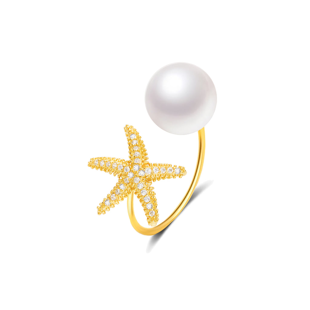 Starfish Design Freshwater Pearl S925 Silver Adjustable Open Ring