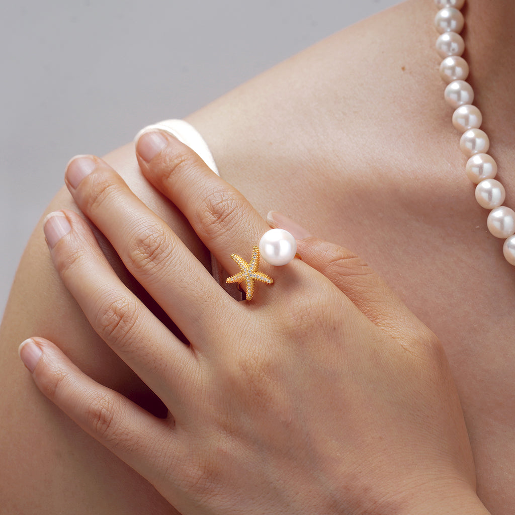 Starfish Design Freshwater Pearl S925 Silver Adjustable Open Ring