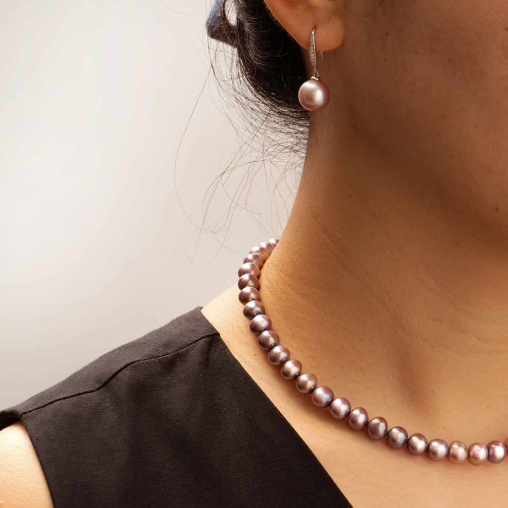 Iridescent Purple Freshwater Pearl Necklace 8-9mm | Romantic Rose Design with Sterling Silver Clasp