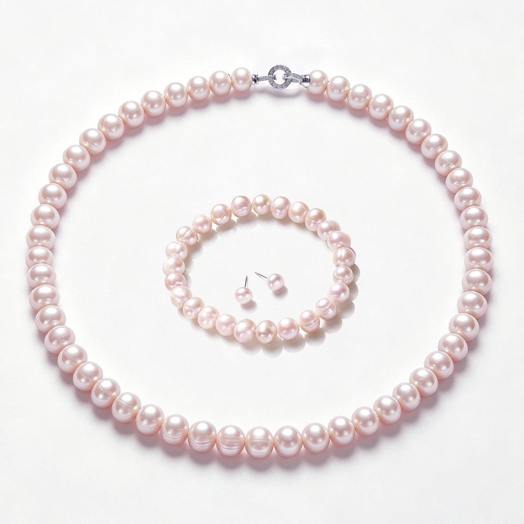 Genuine Iridescent Pink Non-Nucleated Ribbed Baroque Pearl Jewelry Set, 7-8mm Near Round Dainty Pearls, 16, 18 & 20 Inch Necklace Chain, Elegant Gift for Women