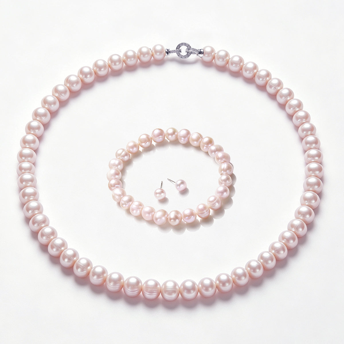 Genuine Iridescent Pink Non-Nucleated Ribbed Baroque Pearl Jewelry Set, 7-8mm Near Round Dainty Pearls, 16, 18 & 20 Inch Necklace Chain, Elegant Gift for Women