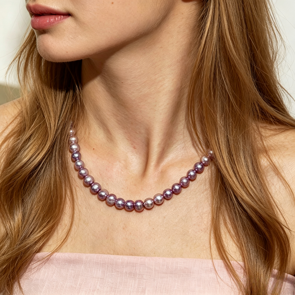 Genuine Iridescent Purple Non-Nucleated Ribbed Baroque Pearl Jewelry Set, 7-8mm Near Round Dainty Pearls, 16, 18 & 20 Inch Necklace Chain, Elegant Gift for Women