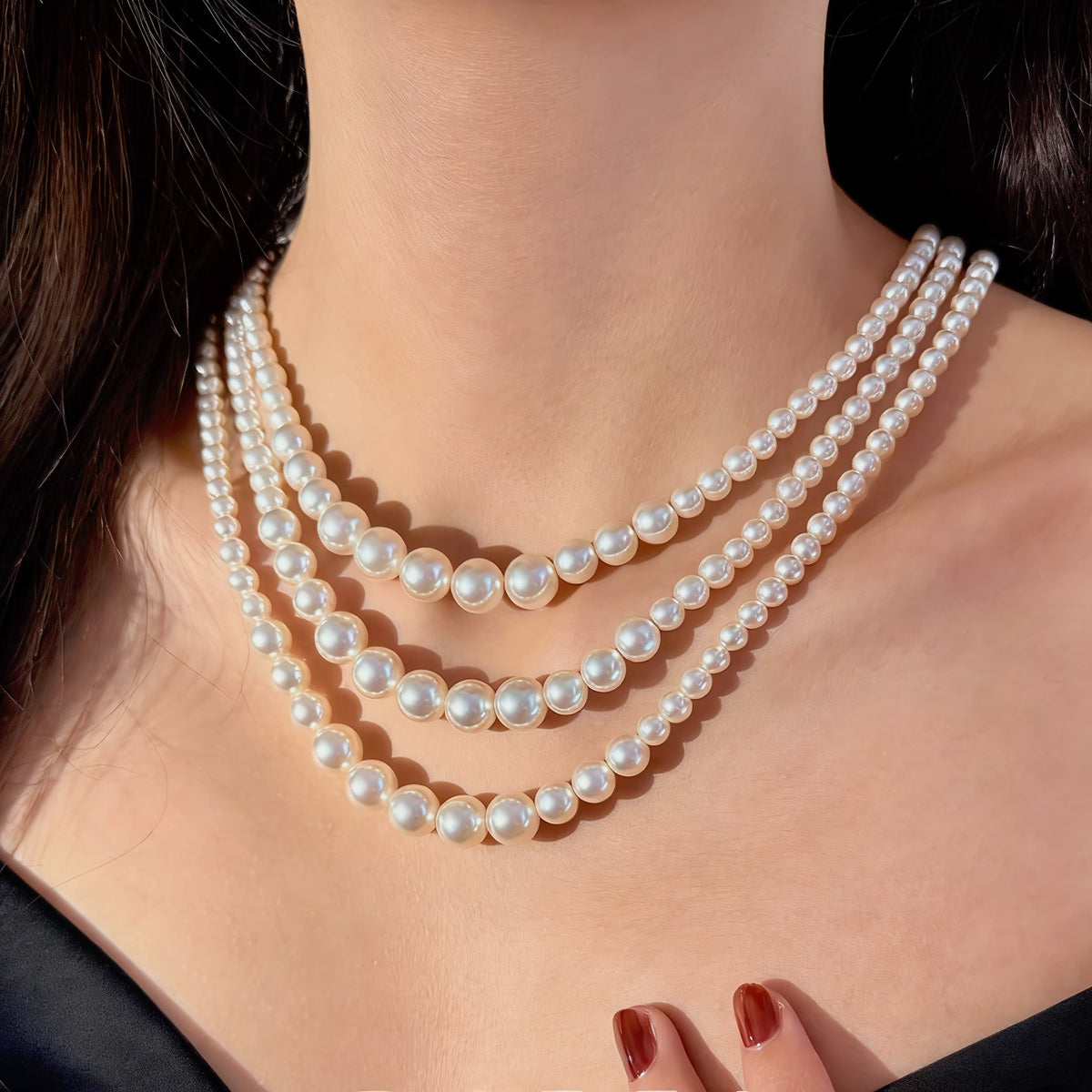 Hepburn-Inspired Multi-Layer Gradient Natural Freshwater Pearl Necklace  | Premium Light Luxury Adjustable Jewelry 18-20 Inches | Elegant Romantic Gift for Her