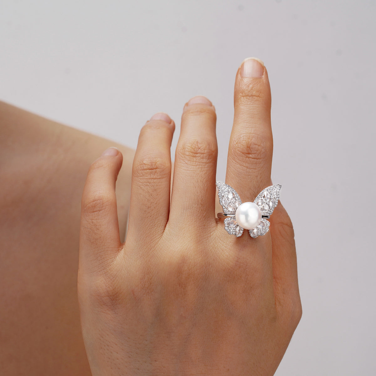 Hand-Inlaid 5A Zircon S925 Silver Ring | Natural Freshwater Pearl Butterfly Adjustable Open Design