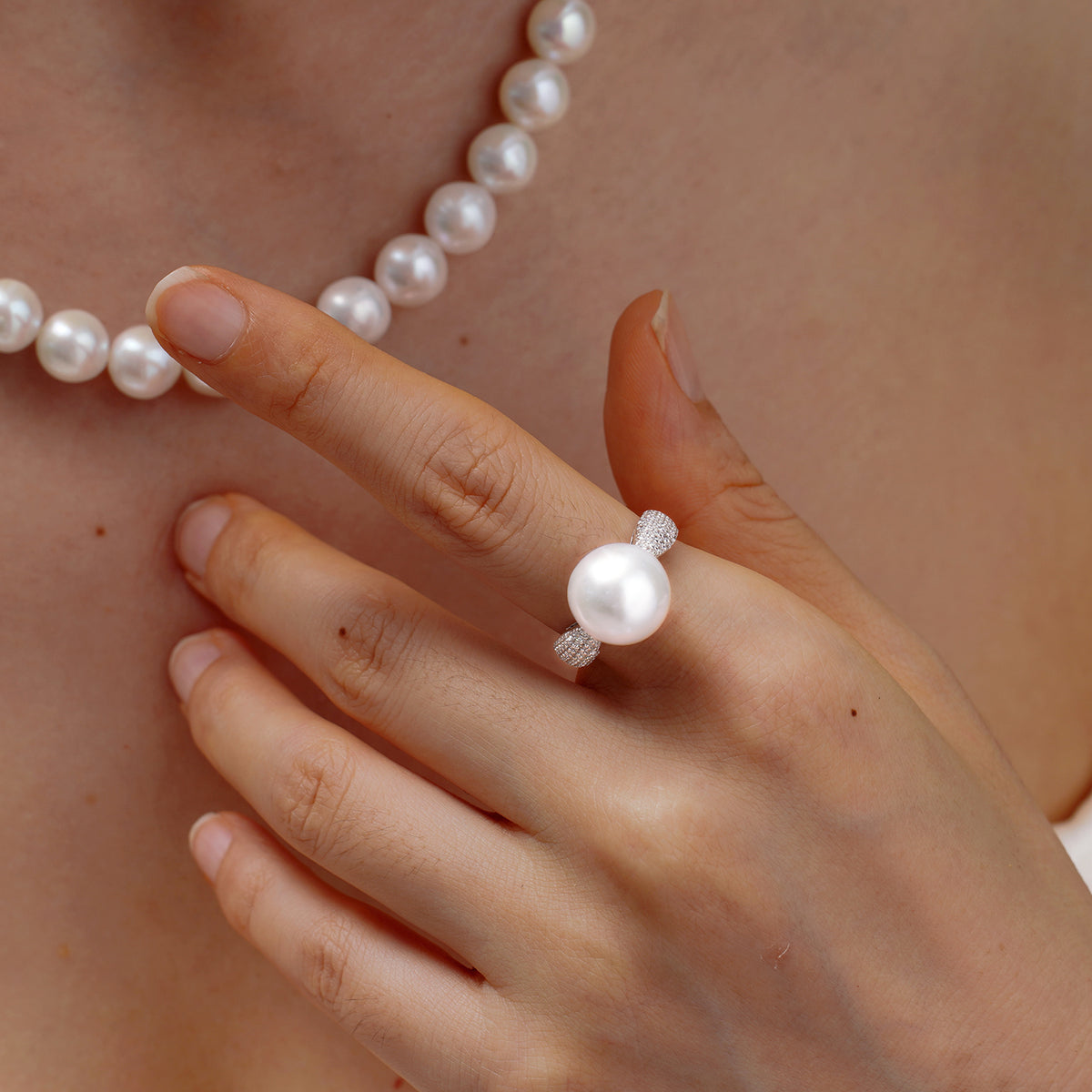 S925 Silver Freshwater Pearl Open Ring with Hand-set Zircons