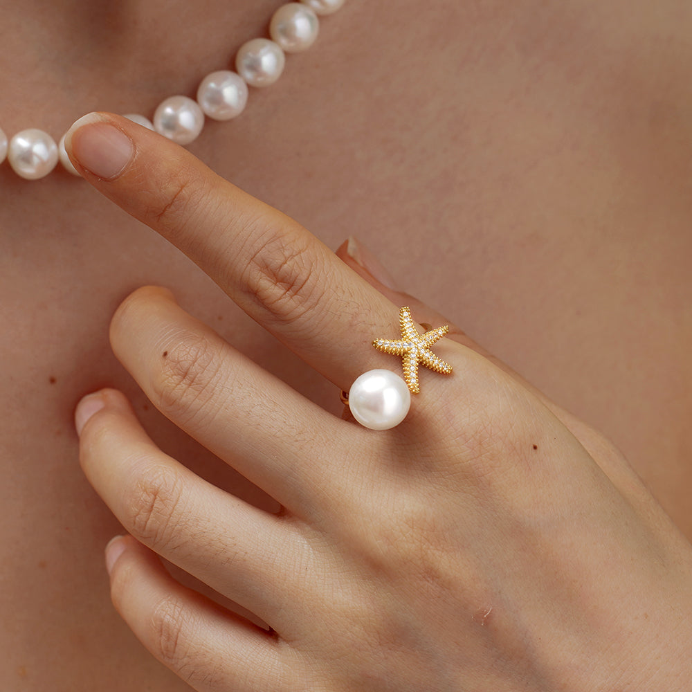 Starfish Design Freshwater Pearl S925 Silver Adjustable Open Ring