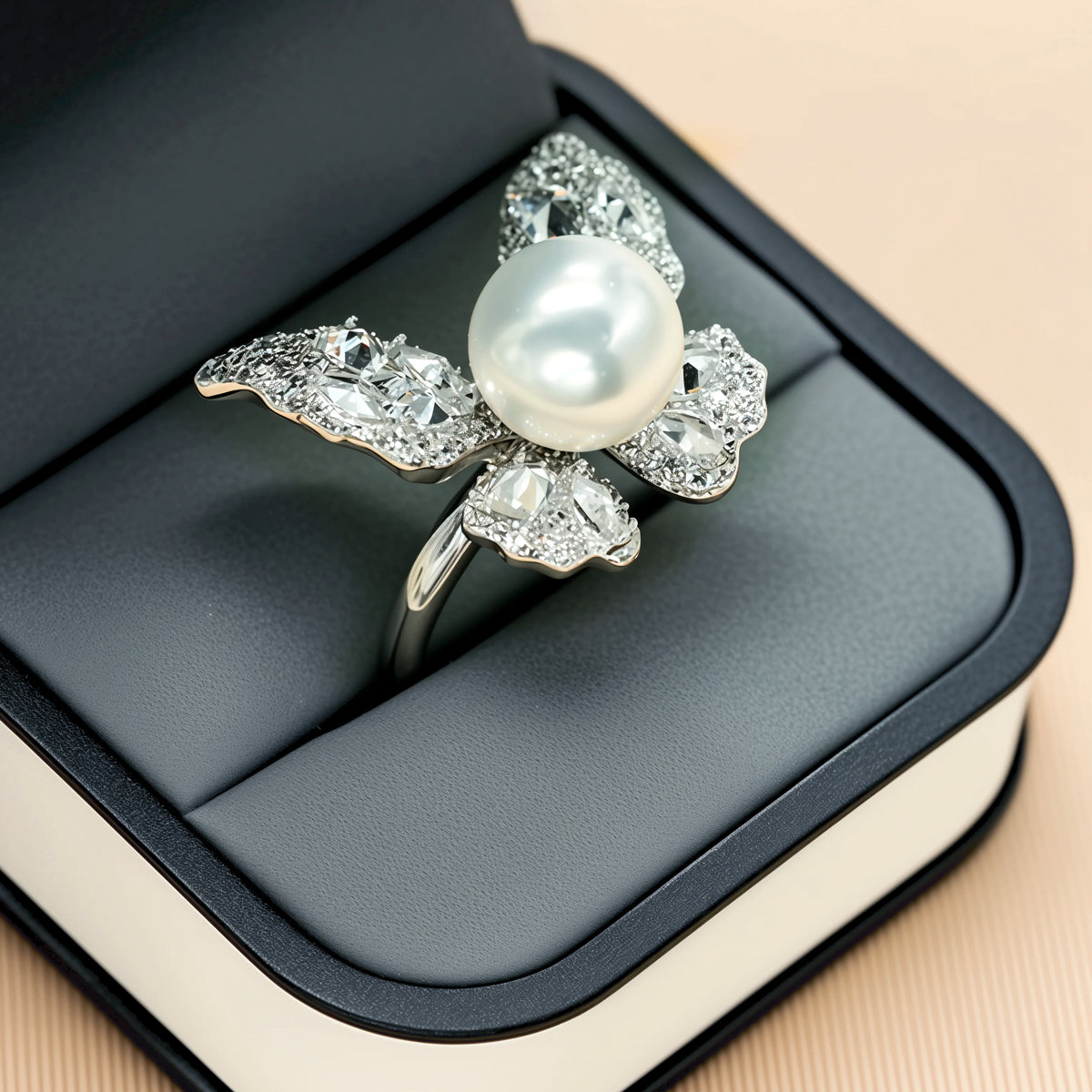 Hand-Inlaid 5A Zircon S925 Silver Ring | Natural Freshwater Pearl Butterfly Adjustable Open Design
