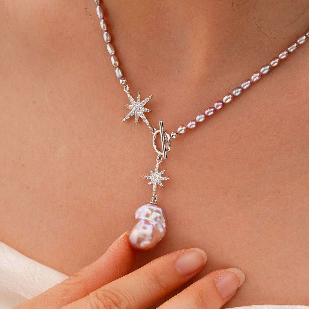 5A Pink-Purple Baroque Pearl Pendant S925 Silver Star