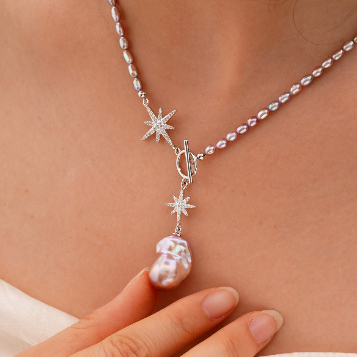 5A Pink-Purple Baroque Pearl Pendant S925 Silver Star