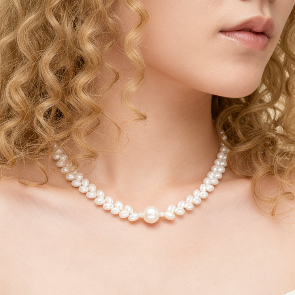 Natural 10-11mm Freshwater Pearl Necklace, Hand-Knotted Wheat Ear Design with Silver Clasp, 17 Inch Classic Pearl Jewelry for Women