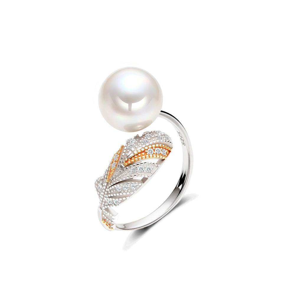 Feather Ring | S925 Sterling Silver Natural Aurora Freshwater Pearl 9‑10mm Open Adjustable Ring