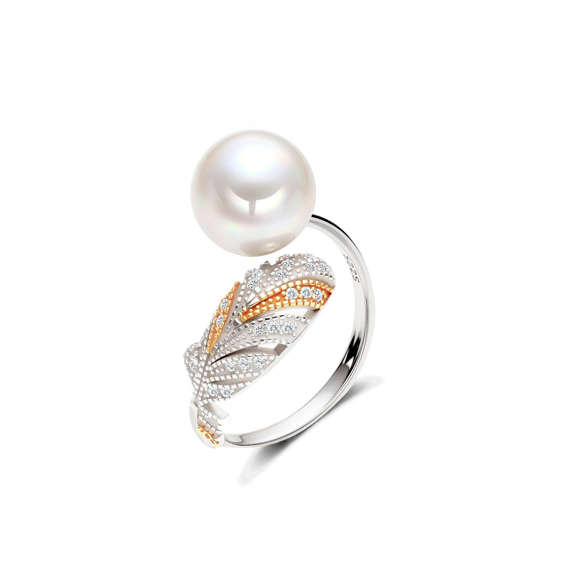 Feather Ring | S925 Sterling Silver Natural Aurora Freshwater Pearl 9‑10mm Open Adjustable Ring
