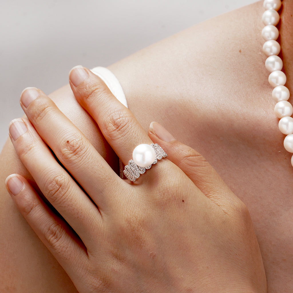 Eternal Dreamweaver Collection | S925 Silver Zircon & Pearl Ring - Romantic Love Symbol Band