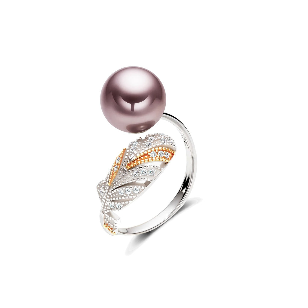 Feather Ring | S925 Sterling Silver Natural Aurora Freshwater Pearl 9‑10mm Open Adjustable Ring