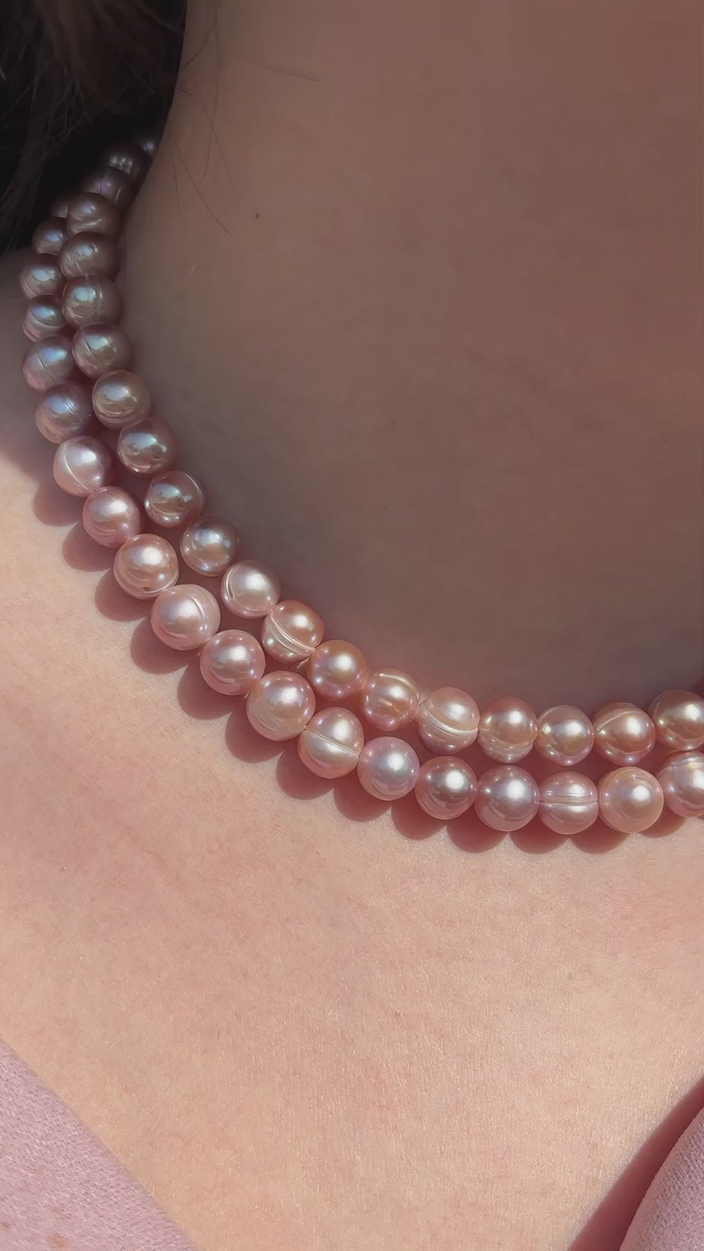 Genuine Iridescent Pink Non-Nucleated Ribbed Baroque Pearl Jewelry Set, 7-8mm Near Round Dainty Pearls, 16, 18 & 20 Inch Necklace Chain, Elegant Gift for Women
