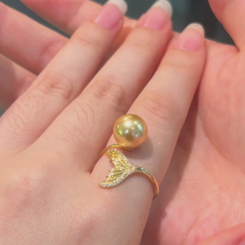 Mermaid Ring | S925 Sterling Silver Natural Aurora Golden Seawater Pearl Open Adjustable Ring