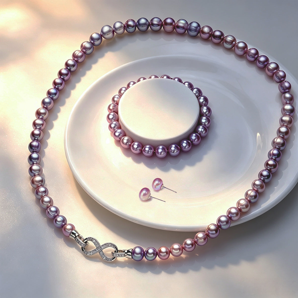 Genuine Iridescent Purple Non-Nucleated Ribbed Baroque Pearl Jewelry Set, 7-8mm Near Round Dainty Pearls, 16, 18 & 20 Inch Necklace Chain, Elegant Gift for Women